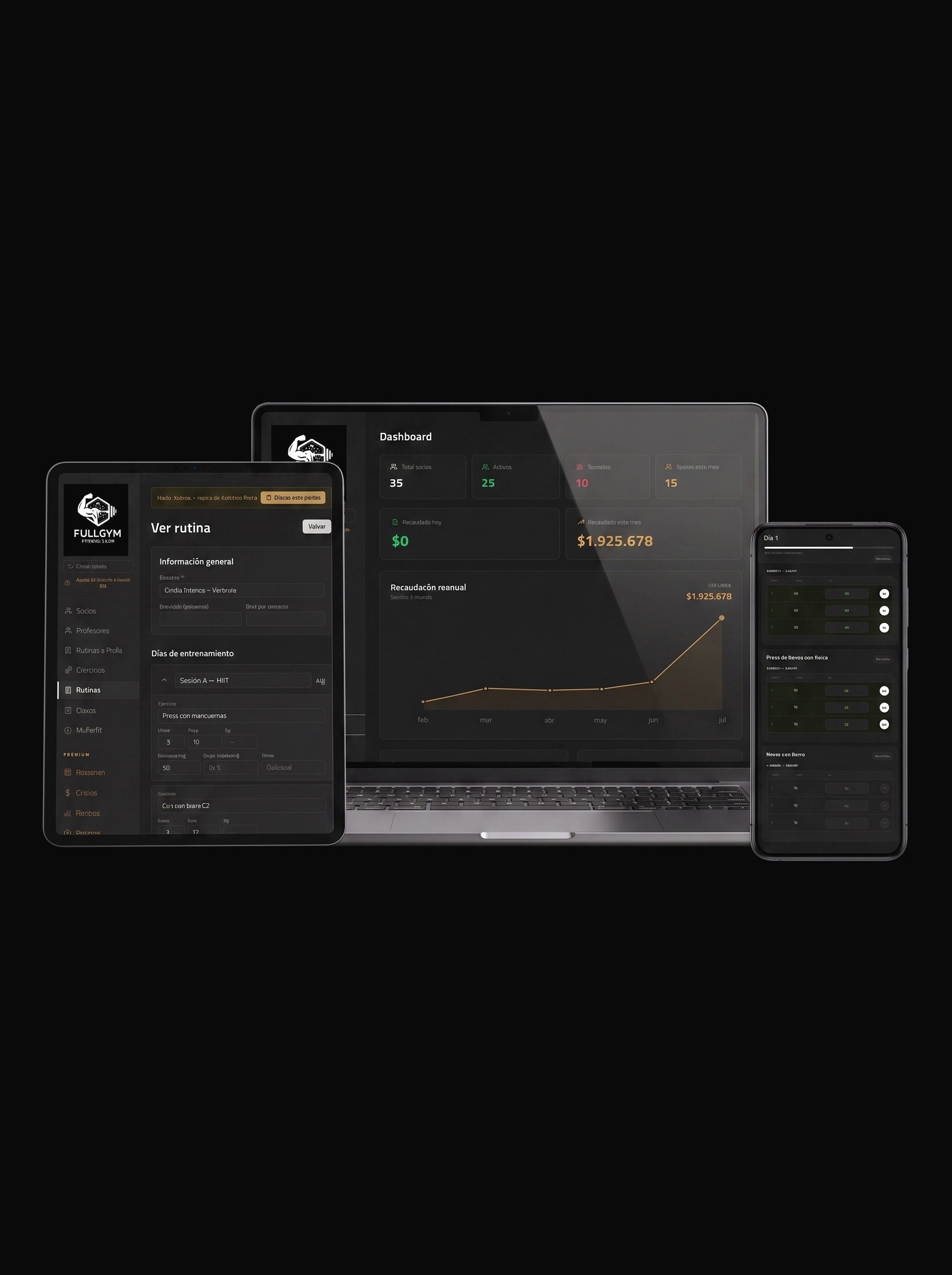 Panel de FullGym en notebook, tablet y celular