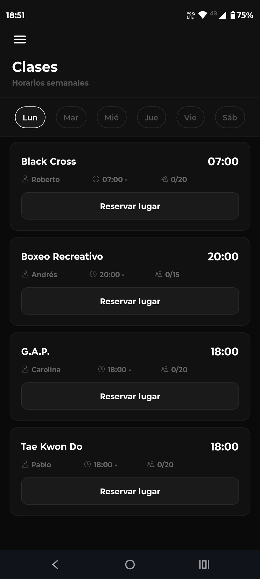 Clases y reservas en la app