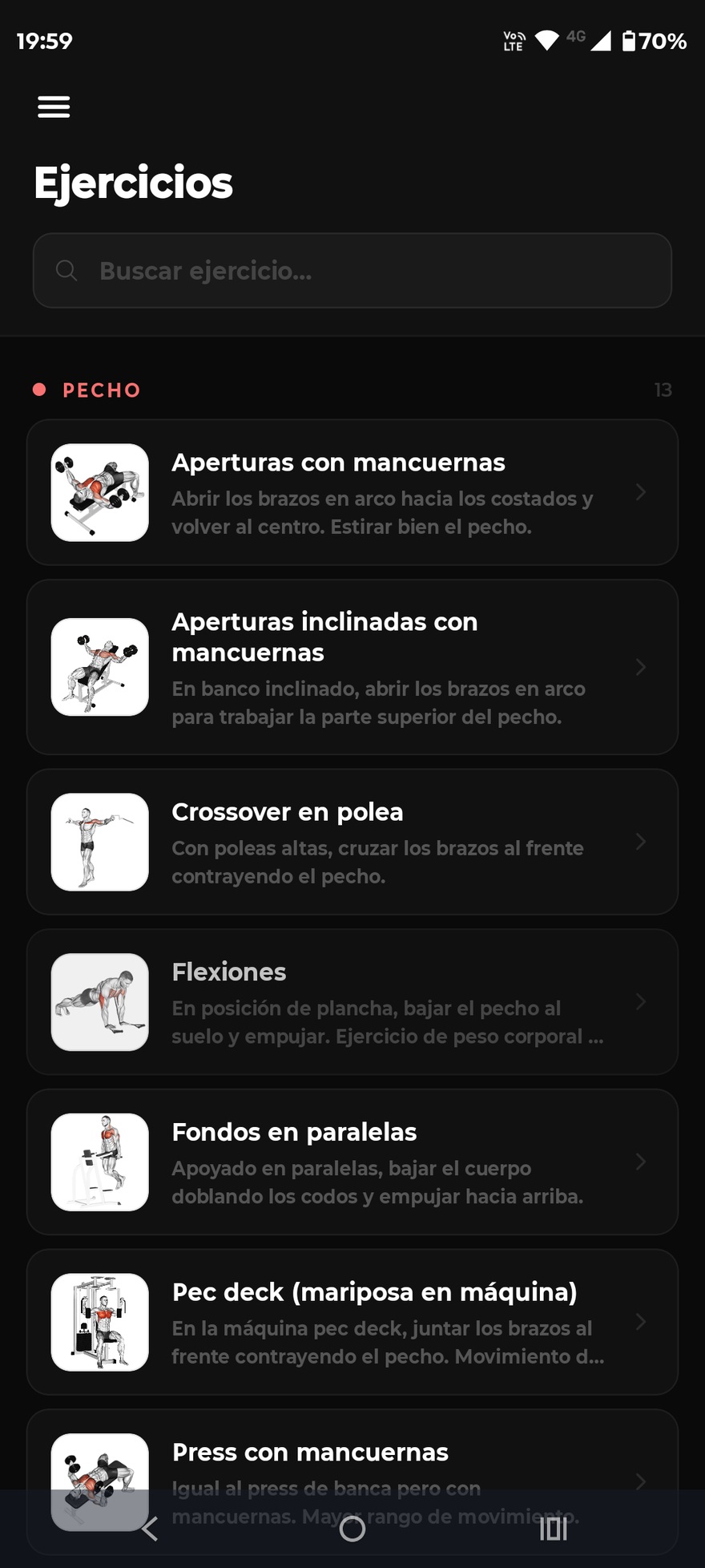 Biblioteca de ejercicios en la app